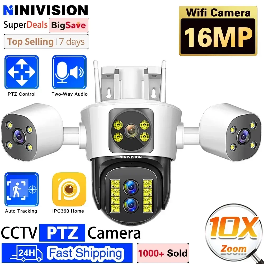 

8K 16MP WiFi Camera Outdoor Four Lens Three Screen 10X PTZ Zoom CCTV Security-Protection Ai Tracking Surveillance IPC360 Home