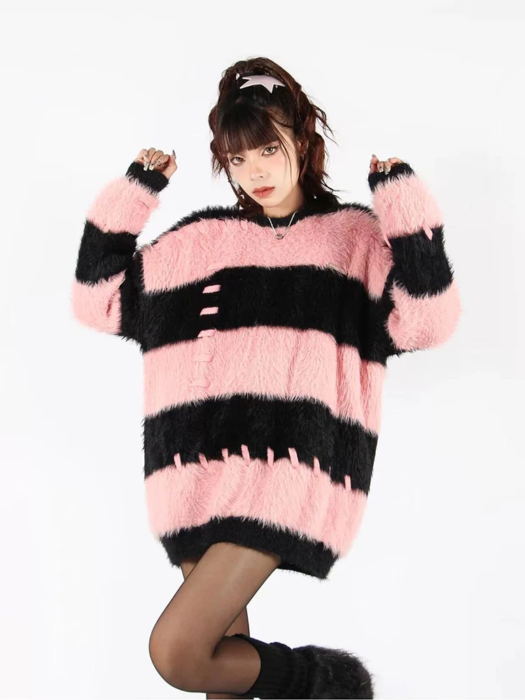 

Japanese Stripes Knit Sweaters Women Autumn Thick Faux Mink Velvet O Neck Hairy Pullover Y2K Loose Long Sleeve Warm Jumpers