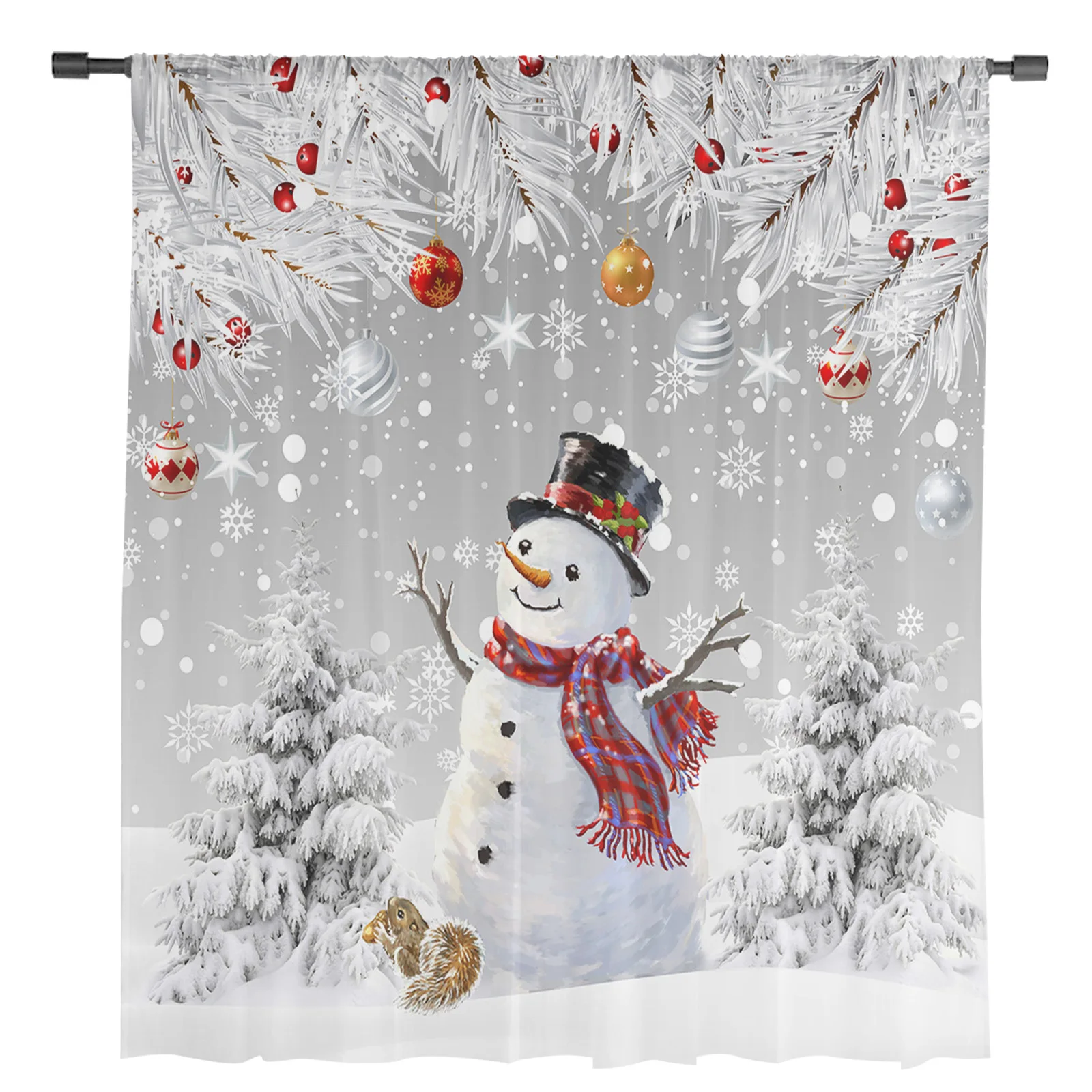 Christmas Silver Fir Leaves Snowman Window Tulle Curtains for Living Room Kitchen Christmas Home Decor Sheer Voile Curtains