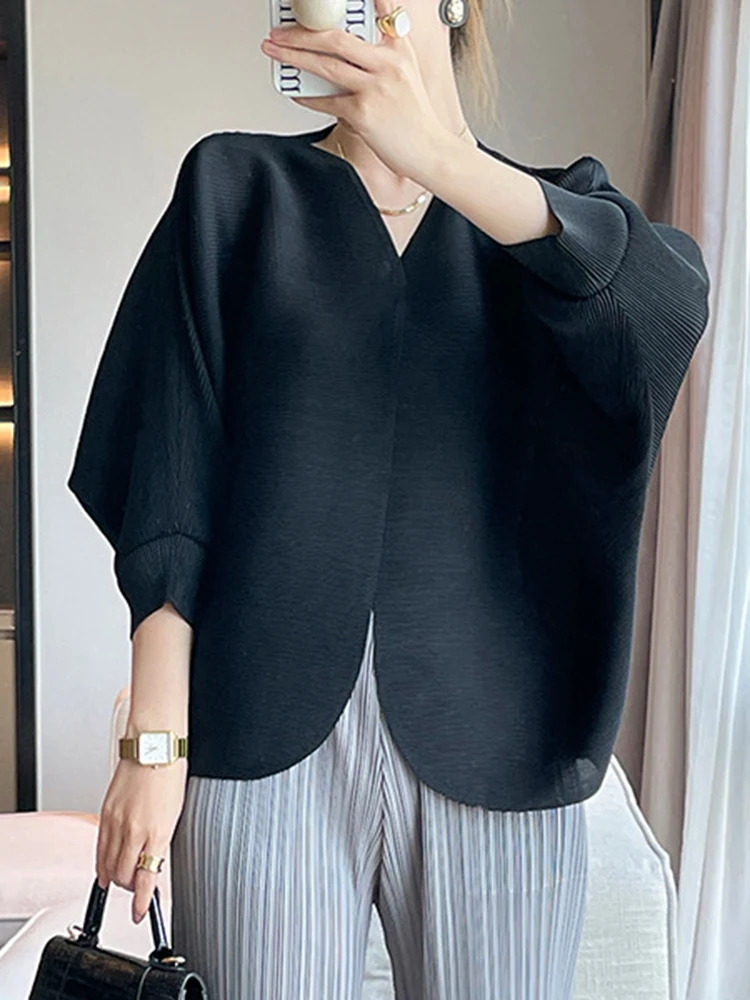 GVUW Pleated Jackets Women V Neck Batwing Sleeve Open Stitch Solid Color Versatile Fashion 2024 Autumn New Clothes 17G3327