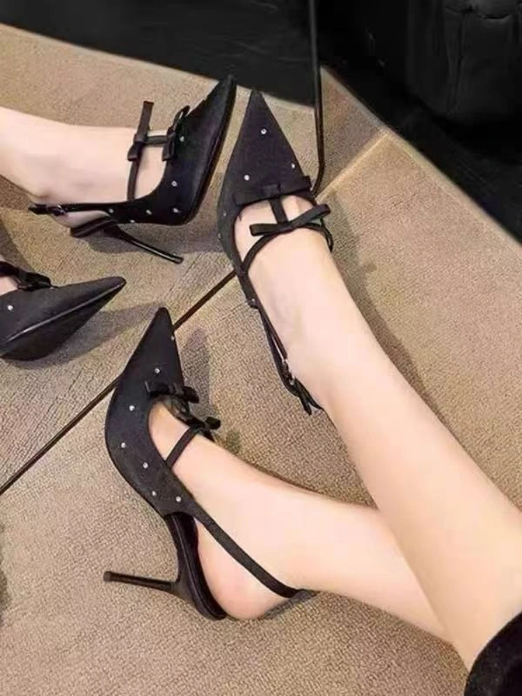 

Женские элегантные босоножки на шпильке с открытым носком в французском стиле, черные, с кристаллами, лето 2026, новинка