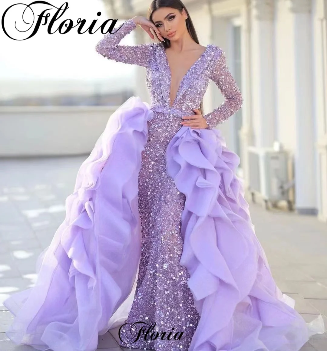 Two Pieces Lavender Sequined Evening Dresses Luxury Long Sleeves Formal Occasion Dresses Celebrity Dresses Robes De Soirée