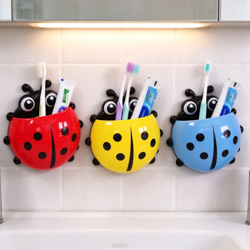 4pcs Cute ladybug-shaped toothbrush holder, suction cup-style creative toothpaste holder, bathroom nail-free storage rack