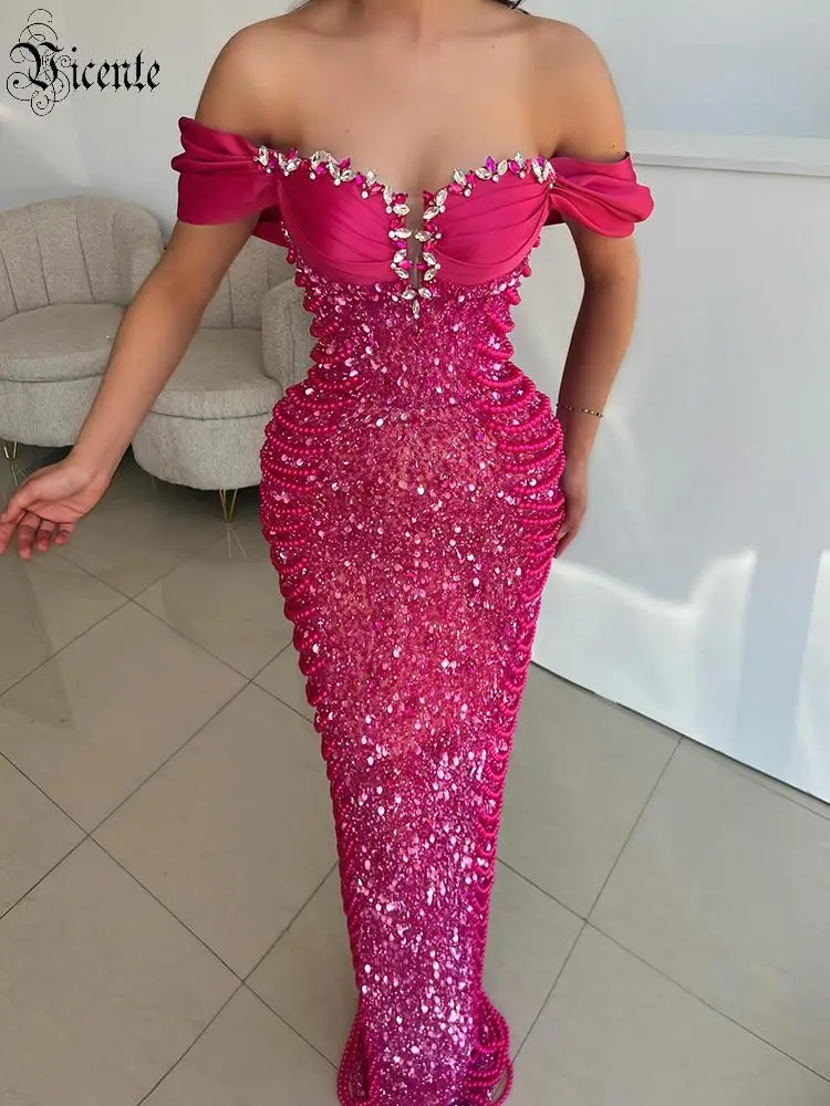 

VC Роскошные ярко-розовые вечерние платья русалки с открытыми плечами и кристаллами — блестящее облегающее платье со стразами для выпускного и вечера