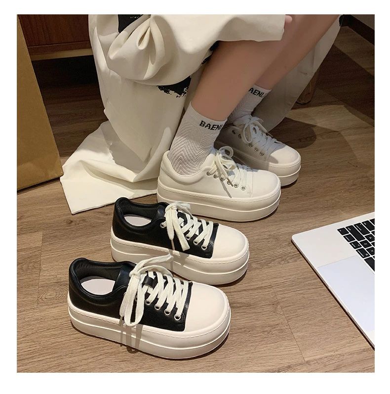 Neue schwarze klobige Plateauschuhe für Damen, Schnür-Sneaker aus Kunstleder, höhenvergrößernde Turnschuhe für Teenager-Mädchen, Damenschuhe für alle Jahreszeiten – Detail 21
