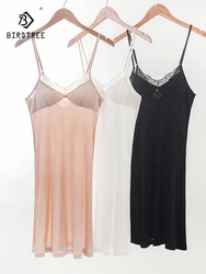 Birdtree 24.9% Silk Satin Women's Sleeping Dresses Sleeveless Lace Sexy V-Neck Backless Soft Nightwear 2024 Summer P41356QC