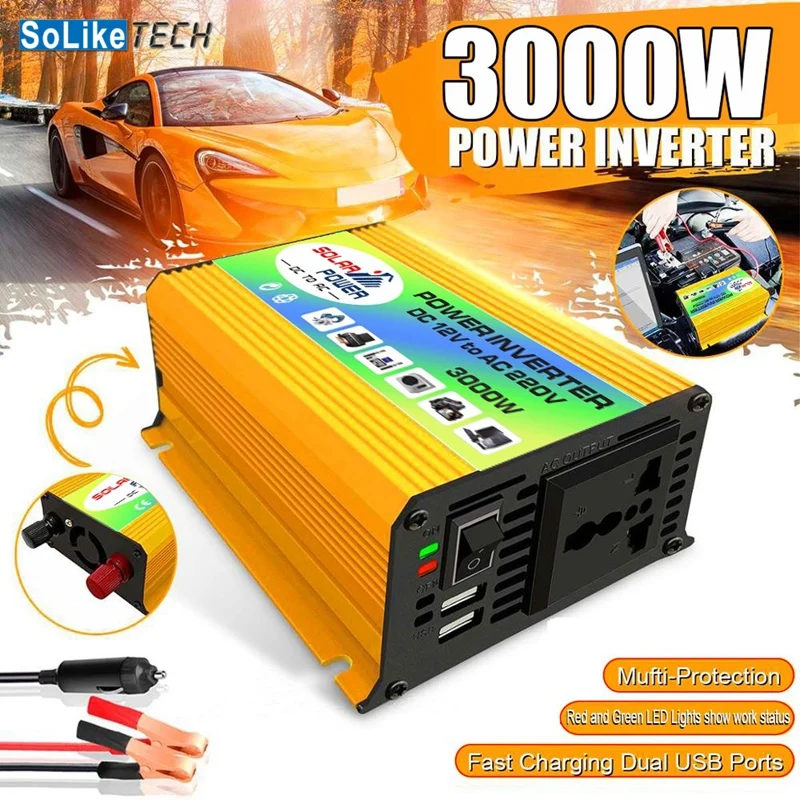 Inversor de potencia de onda sinusoidal modificada para coche, de 12V transformador de voltaje, convertidor de cc 12V a USB Dual