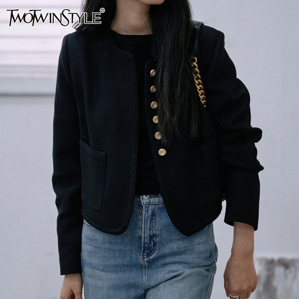 

TWOTWINSTYLE черная однобортная куртка женская с круглым вырезом и длинным рукавом свободные элитные женские куртки осенняя мода новинка