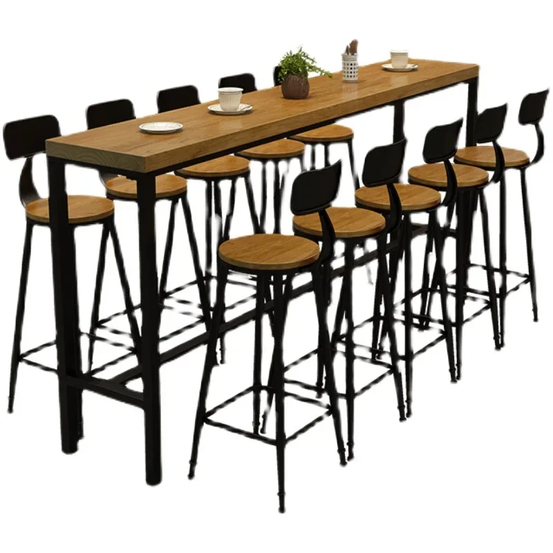 Commercial retro counter balcony high solid wood leisure bar table and chairs