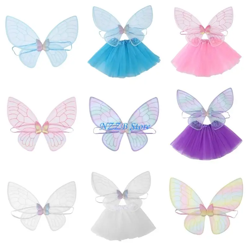 

T21F Fairys Butterfly Wing with Tutu Skirt Princess Dressing up Costume Butterfly Costumes Set for Christmas Birthday Party