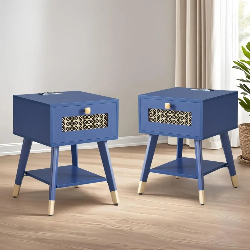 

Маленький синий приставной столик с зарядной станцией, розетками и USB-портами для гостиной или спальни, комплект из 2 штук