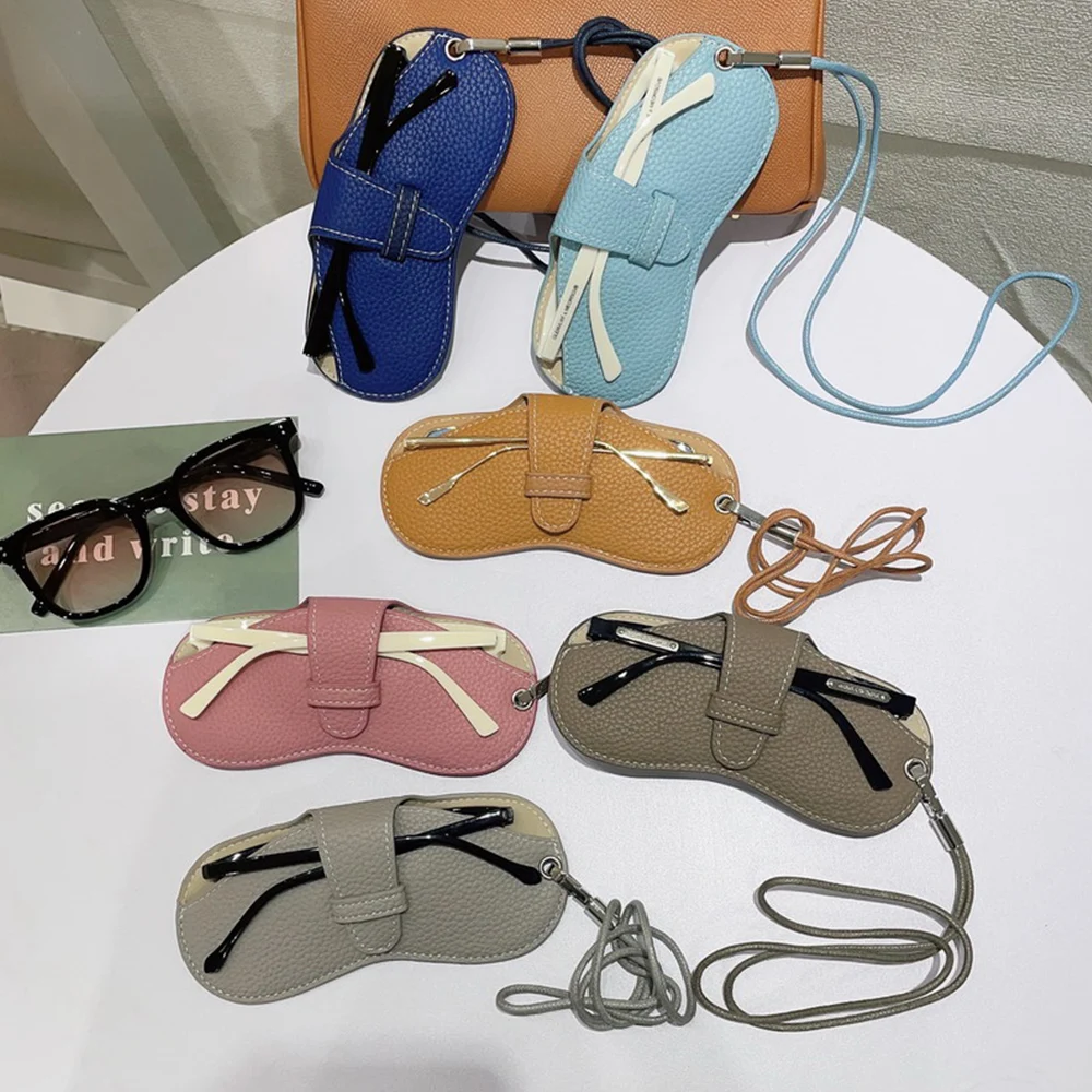 Portable Sunglasses Box Women Retro PU Leather Glasses Case Eyewear Pouch Bags Glasses Storage Pendant with Wristband Neck Strap