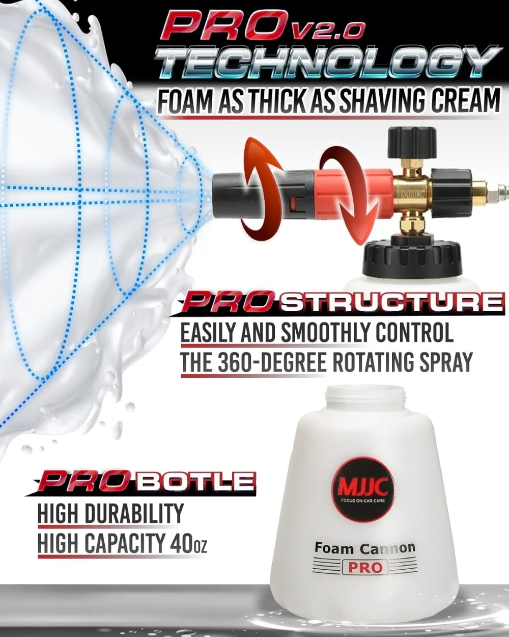 Foam Cannon Pro V2.0 with Thicker Snow Foam Technology, 1/4 Inch Quick Connector for Pressure Washer, 40 oz Bottle