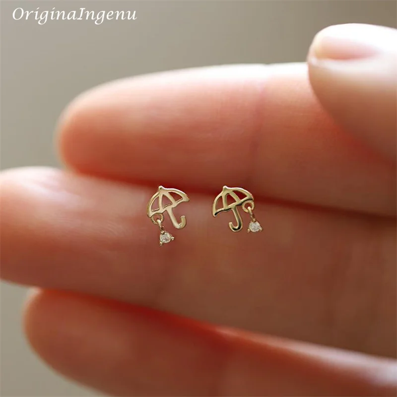 Solid 9K Gold Umbrella Stud Earrings Dainty Zircon Earrings 9k Gold Jewelry Tarnish Resistan Fine Jewelry Wedding Gift