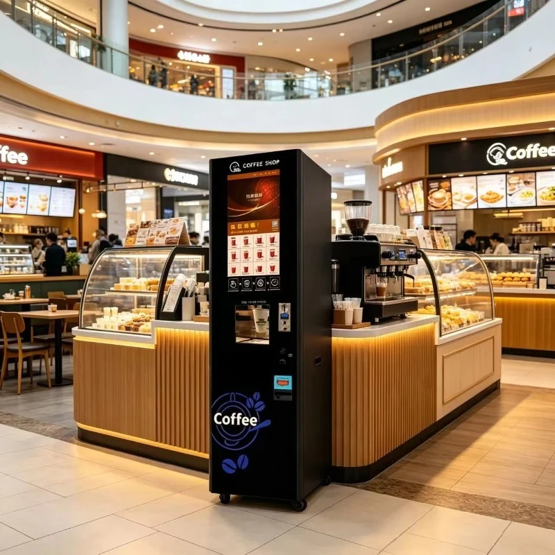 Fresh Ground Coffee Vending Machine 21.5in Touch Screen Built-in Refrigerator Multi Payment Remote Management 4G WiFi