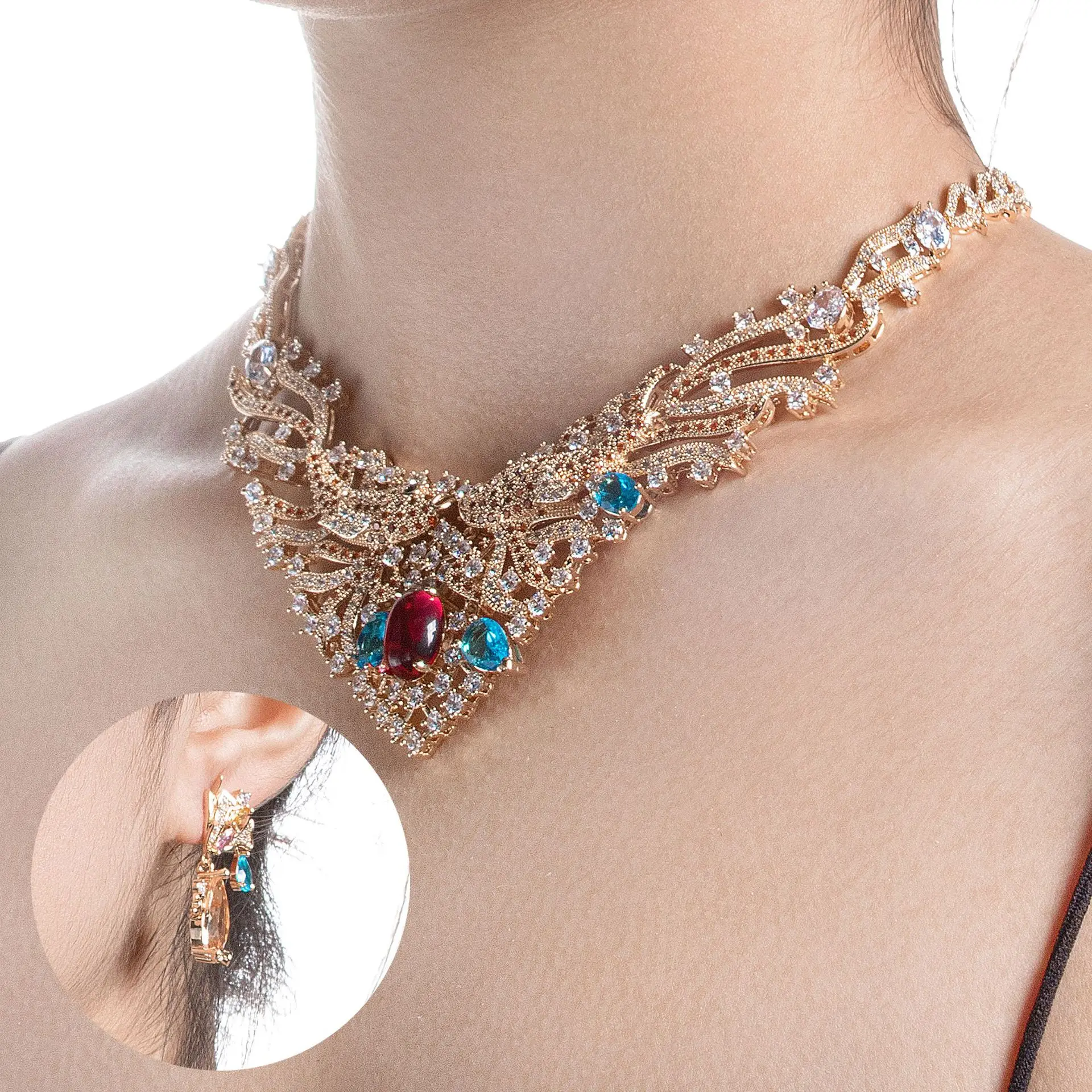 Squisito Esagerato Gioielli Cubic Zirconia Set Vestito Accessori Collana Orecchini Donne Sposa Festa Cena Vacanze Viaggio M-246