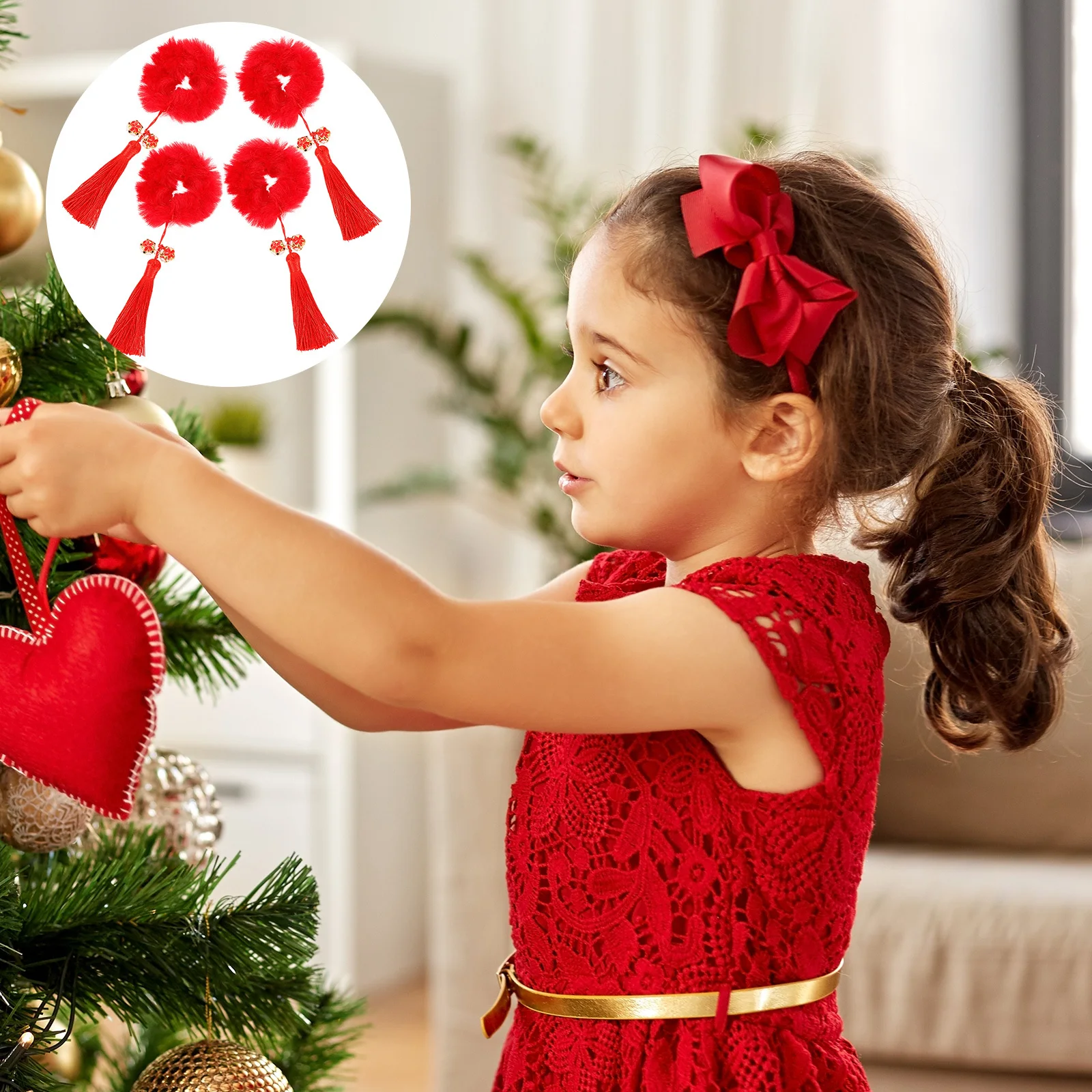 

2Pairs Chinese Red Tassel Hair Ropes New Year Hair Accessories Party Ponytail Holder Holiday Headwear