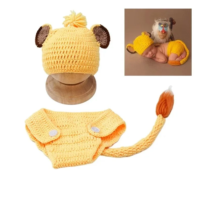 Newborn Photography Clothing Props Simba Lion Hat and Pants Soft Knitted Wool Weaving Costume Sets Baby Photoshoot Accessories