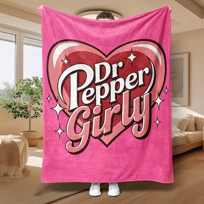 Koc flanelowy Dr Pepper z wzorem dziewczęcego serca w kolorze różowym - miękki, przytulny, ciepły na sofę, łóżko, do wystroju domu, uroczy prezent.