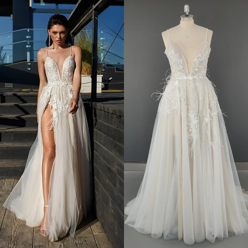 8737 # foto reali Sexy senza spalline in rilievo abito da sposa in piuma di pizzo per le donne abito da sposa con spacco alto con lungo treno