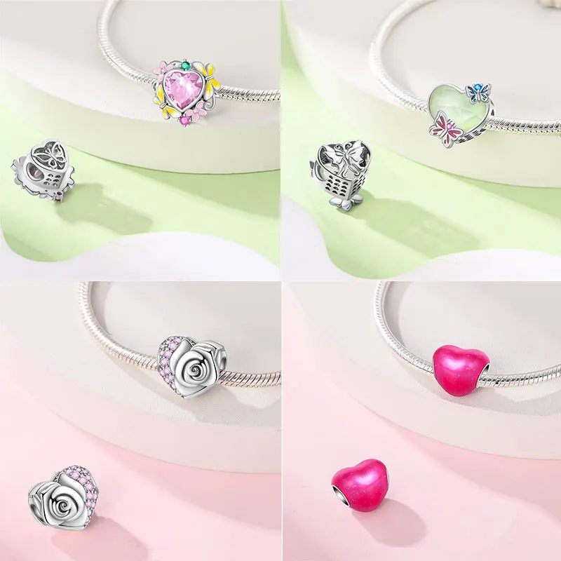 925 Sterling Silver Sparkling Pink Heart Charm Pendant Beads Fit Original Bracelet for Women Valentine Day Jewelry Gifts