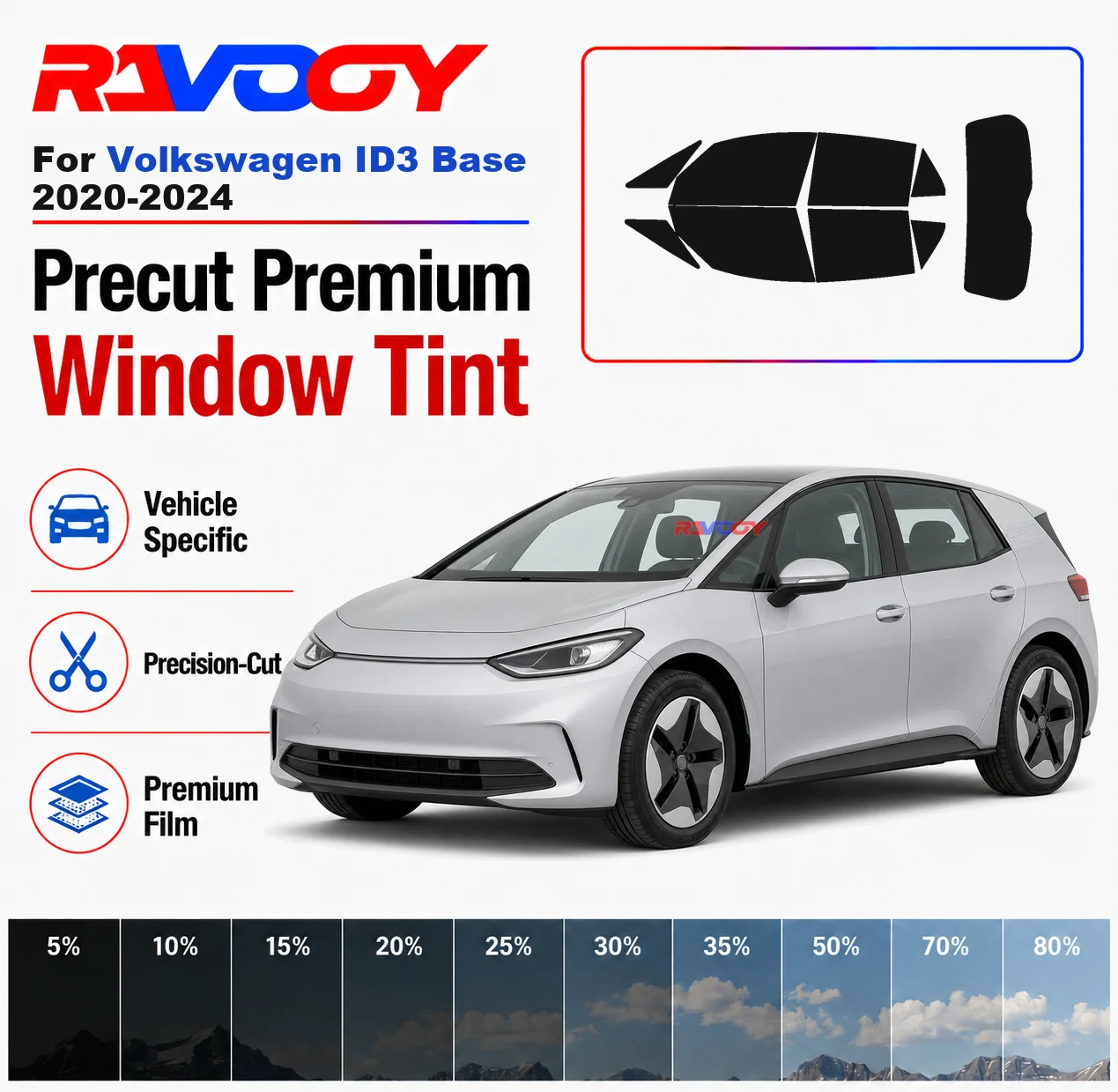 

Premium Precut Window Tint Kit Front Rear Windows Rear Windshield For Volkswagen ID3 Base 2020-2024 Car Solar Nano Ceramic Film
