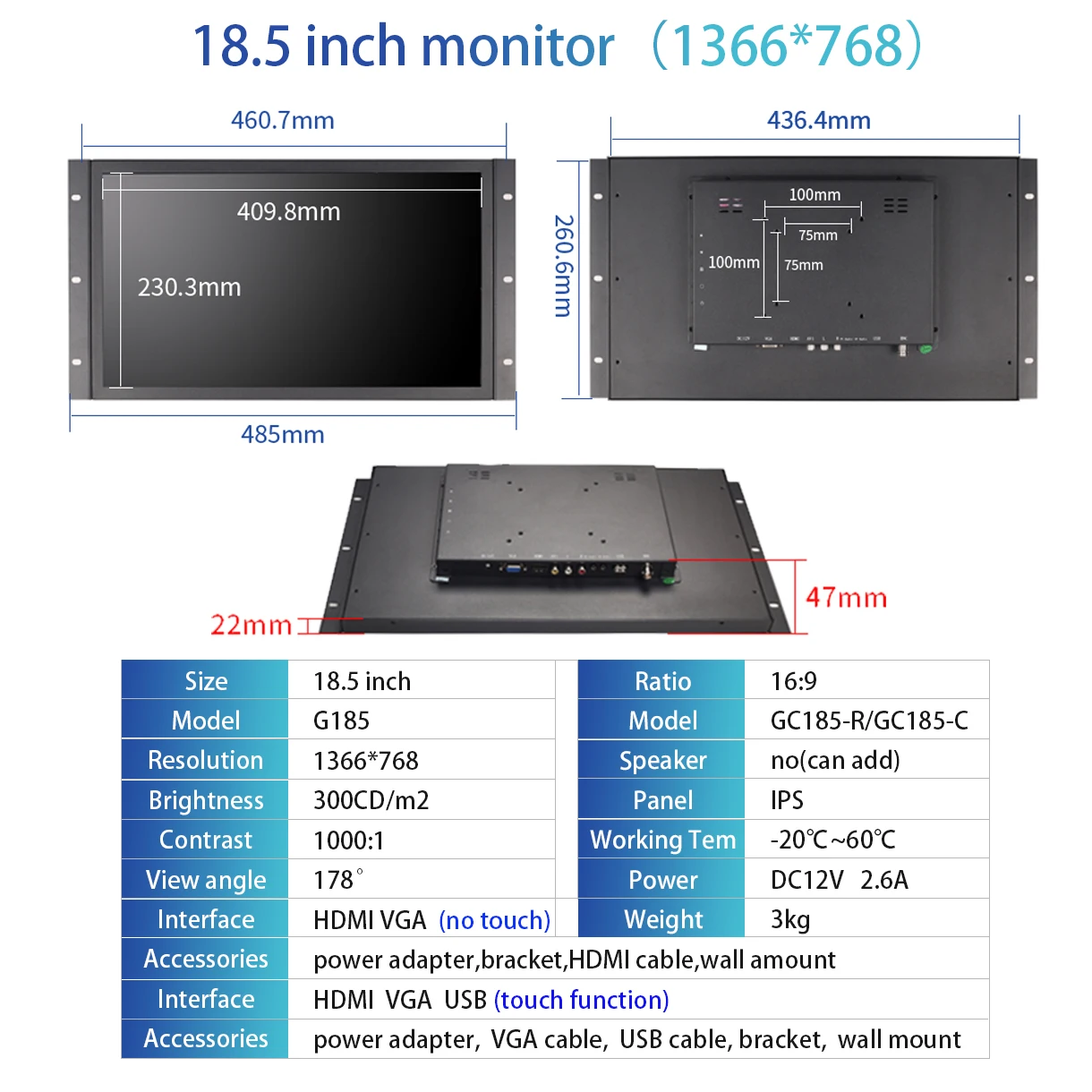 18.5 Inch Industrial Touch Screen Monitor 1366*768  Metal Case Open Frame Resistive/Capacitive LCD Display HDMI/VGA/USB/BNC/AV