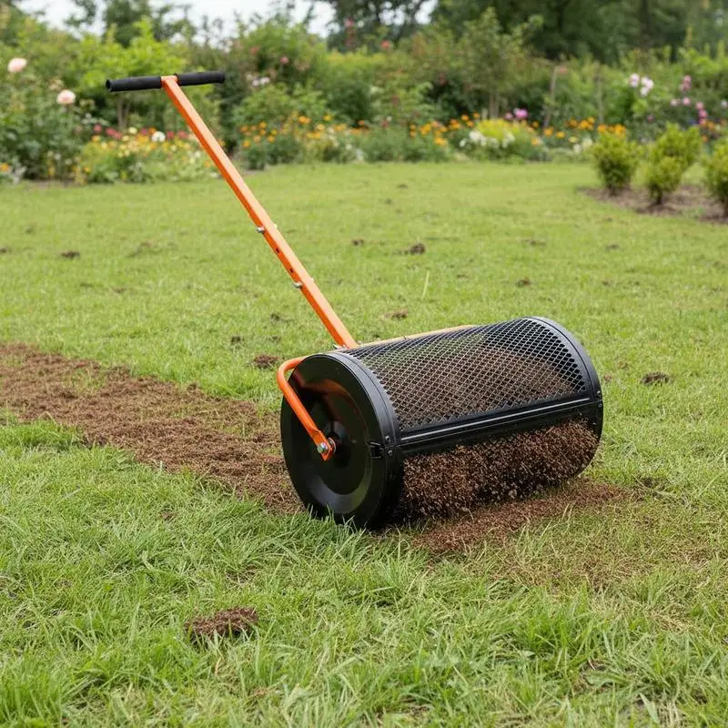 

Peat Moss Roller 24 Inch For Lawn Care Garden Seeding Yard Maintenance, T Shaped Handle 3 Adjustable Heights Powder-Coated Steel Heavy Duty Mesh Basket Outdoor Planting Tool
