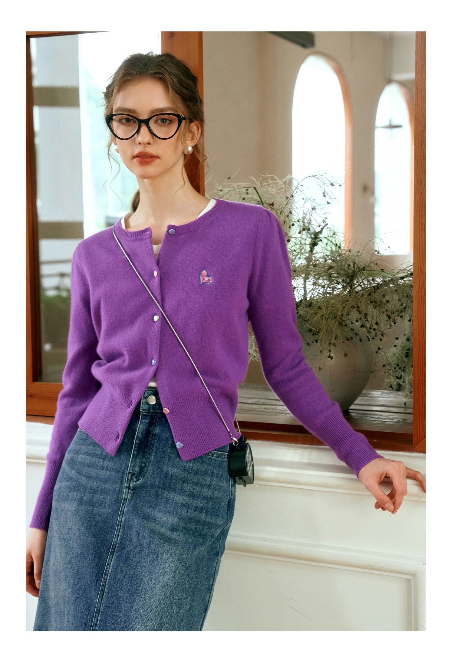 OLrain 女性長袖カーディガン 2025 秋のファッション紫ニット O ネックセーター刺繍スリムカジュアルトップ O24QZ83663