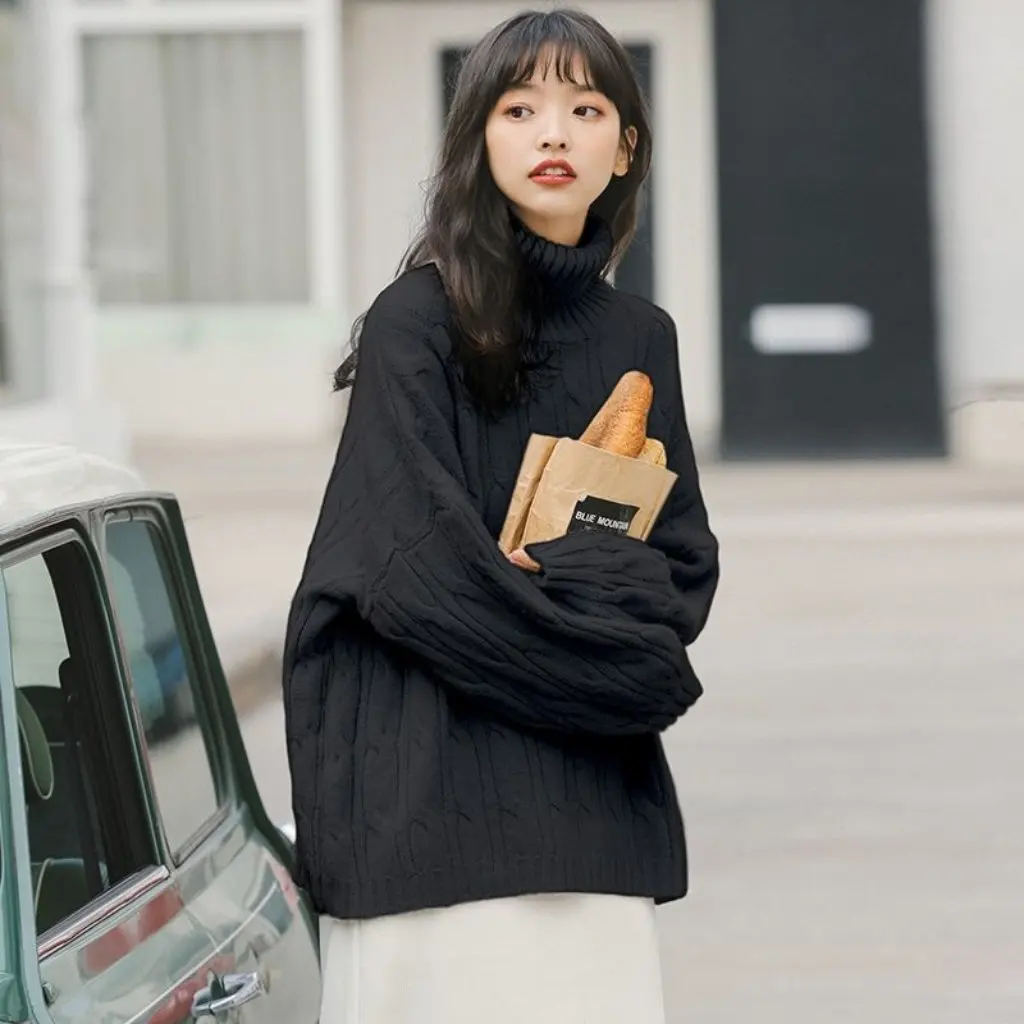 

New Women's Thickened Turtleneck Sweater Spring Autumn Mid-Length Loose Fit Japanese Style Outer Wear Casual Knitwear