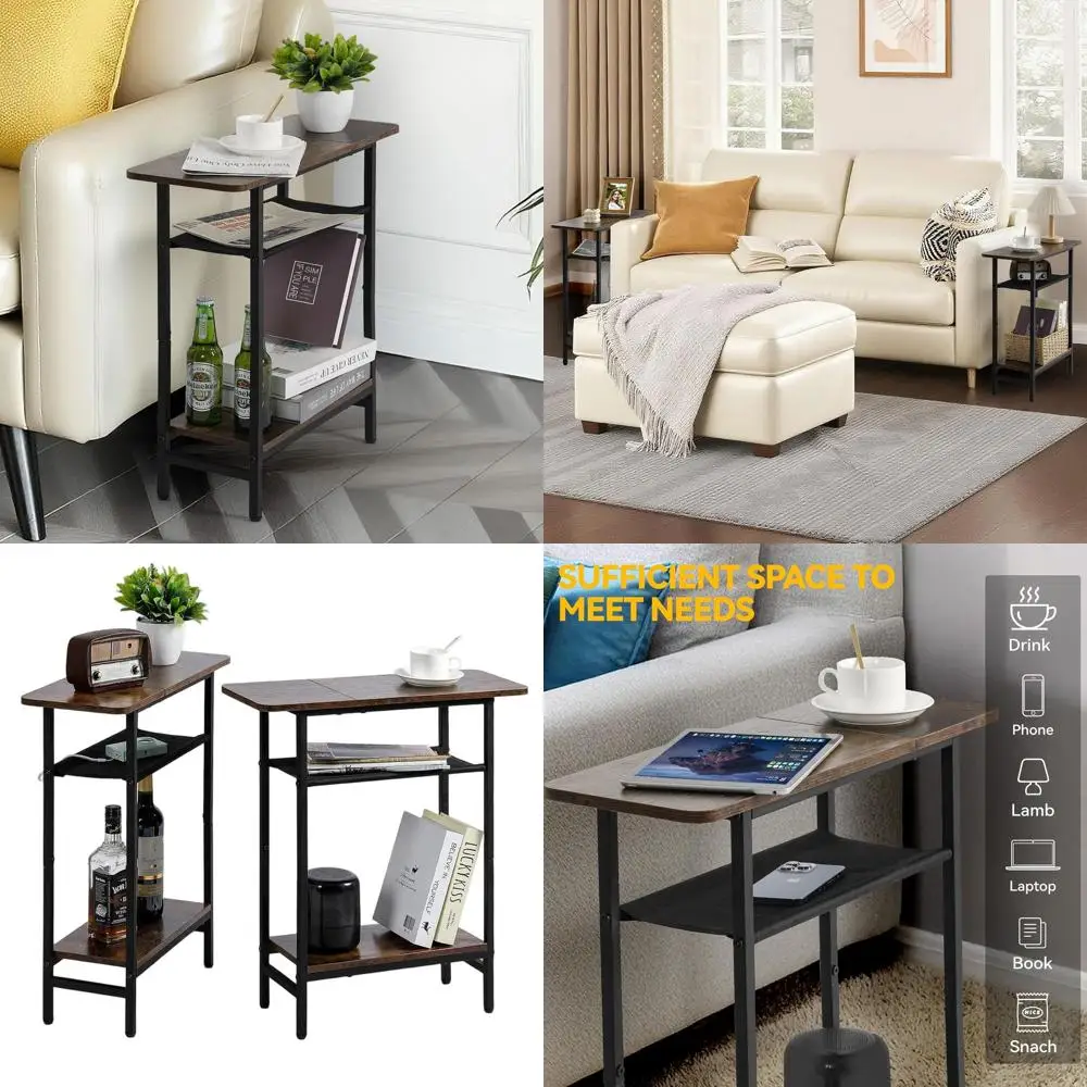 

Set of 2 3-Tier Slim End Tables for Living Room, Rustic Brown Nightstand with Wide Storage Top for Small Spaces