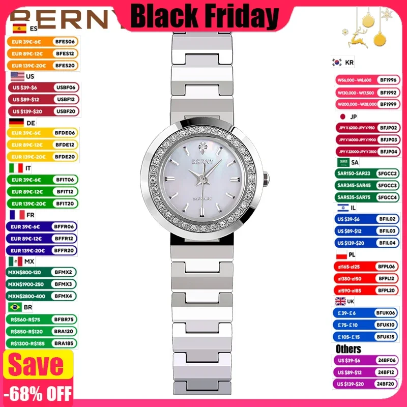 BERNY Women Quartz Watch Luxury Stainless Steel Waterpoof Sapphire Relogio Saat Business Feminino  Femme Wristwatches for Ladies