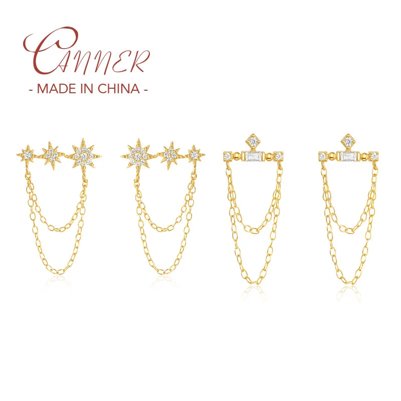 

CANNER 925 Sterling Silver Fringe Chain Clear Zircon Star Piercing Stud Earrings for Women Jewelry Party Gift Brincos Pendientes