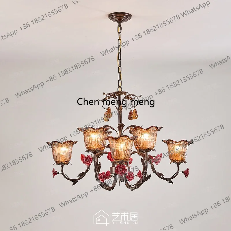 American retro living room main light French high-end ceramic rose handmade glass bedroom light