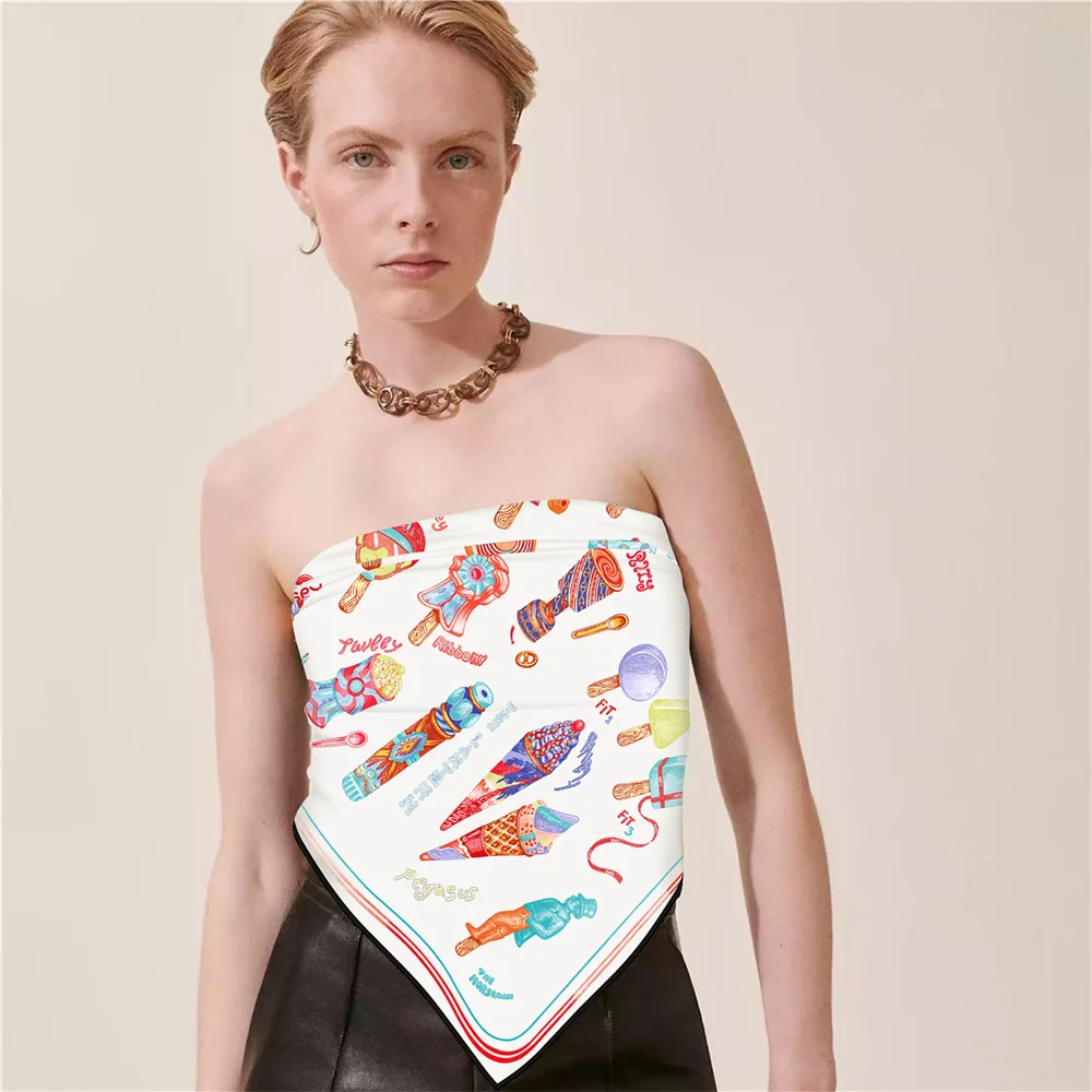 POBING ม้วนผ้าไหมผ้าพันคอผู้หญิงไอศกรีมคู่ด้านข้างพิมพ์ผ้าพันคอสแควร์ Wraps Echarpes Foulards Femme Hijab 70 ซม.