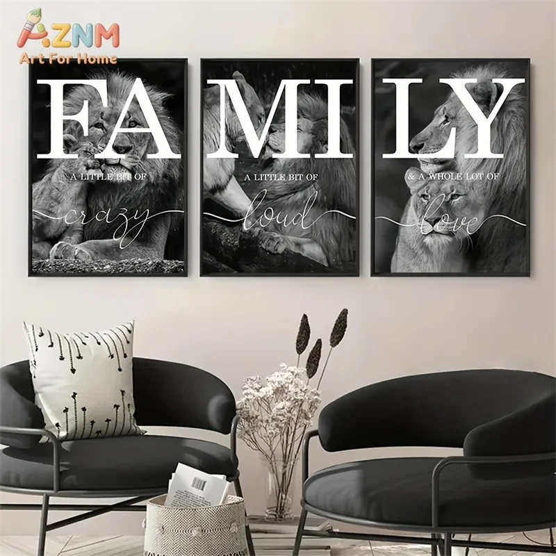 3pcsAZNM Black and White Lion Family Quote Canvas Wall Art Print Set, Wildlife Animal with Family Saying Posters, Unframed Moder