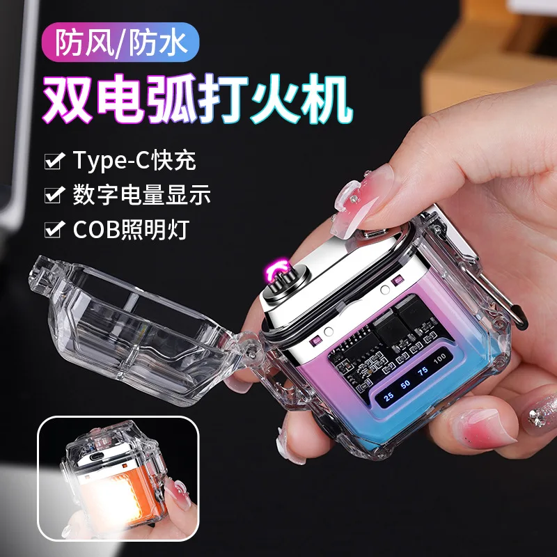 Outdoor Waterproof Lighting Electric Lighter Type-C Charging Transparent Curved Design with Rechargeable Power Display Screen