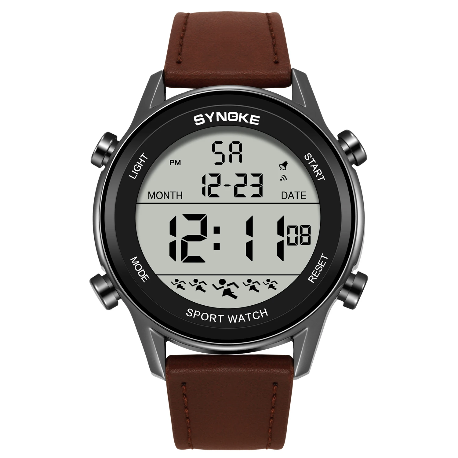 남성용 디지털 스포츠 시계, 가죽 스트랩, SYNOKE 9855 전기 손목시계, 대형 스크린, 50M 방수
