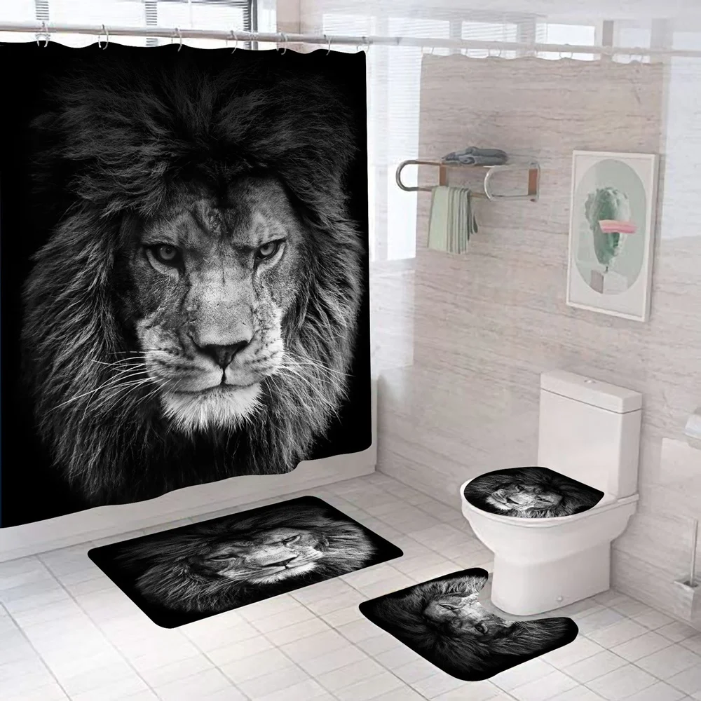 Black Wild Animal Non-Slip Shower Curtain Motivational Quote Bathroom Curtain Bath Mat Toilet Cover Decor Lion King Toilet Cover