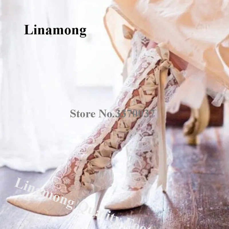 

White Red Black Lace Knee High Boots Linamong Women Sexy Pointed Toe Printed Mesh Stiletto Heel Long Boots Wedding Heels