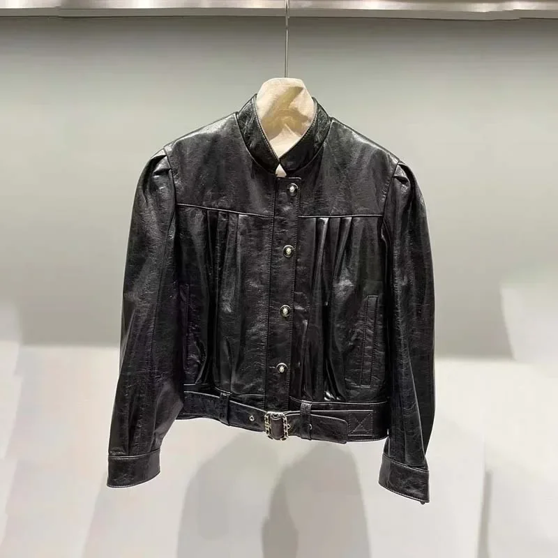 المرأة الربيع س الرقبة طوق نفخة الأكمام سترة جلدية حقيقية قصيرة طول أورورا الجلد 2025 جديد وصول معطف الموضة