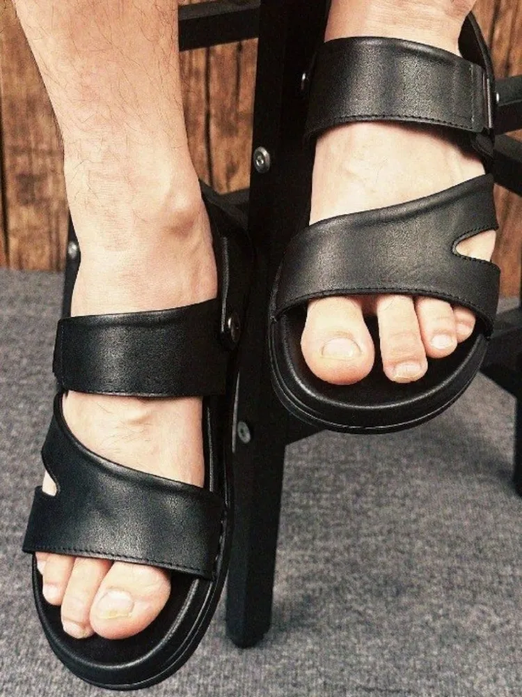 Mens Leisure Solid Color Genuine Leather Breathable Open Toe Sandals Versatile Cowhide Handmade Platform Rear Strap Beach Shoes