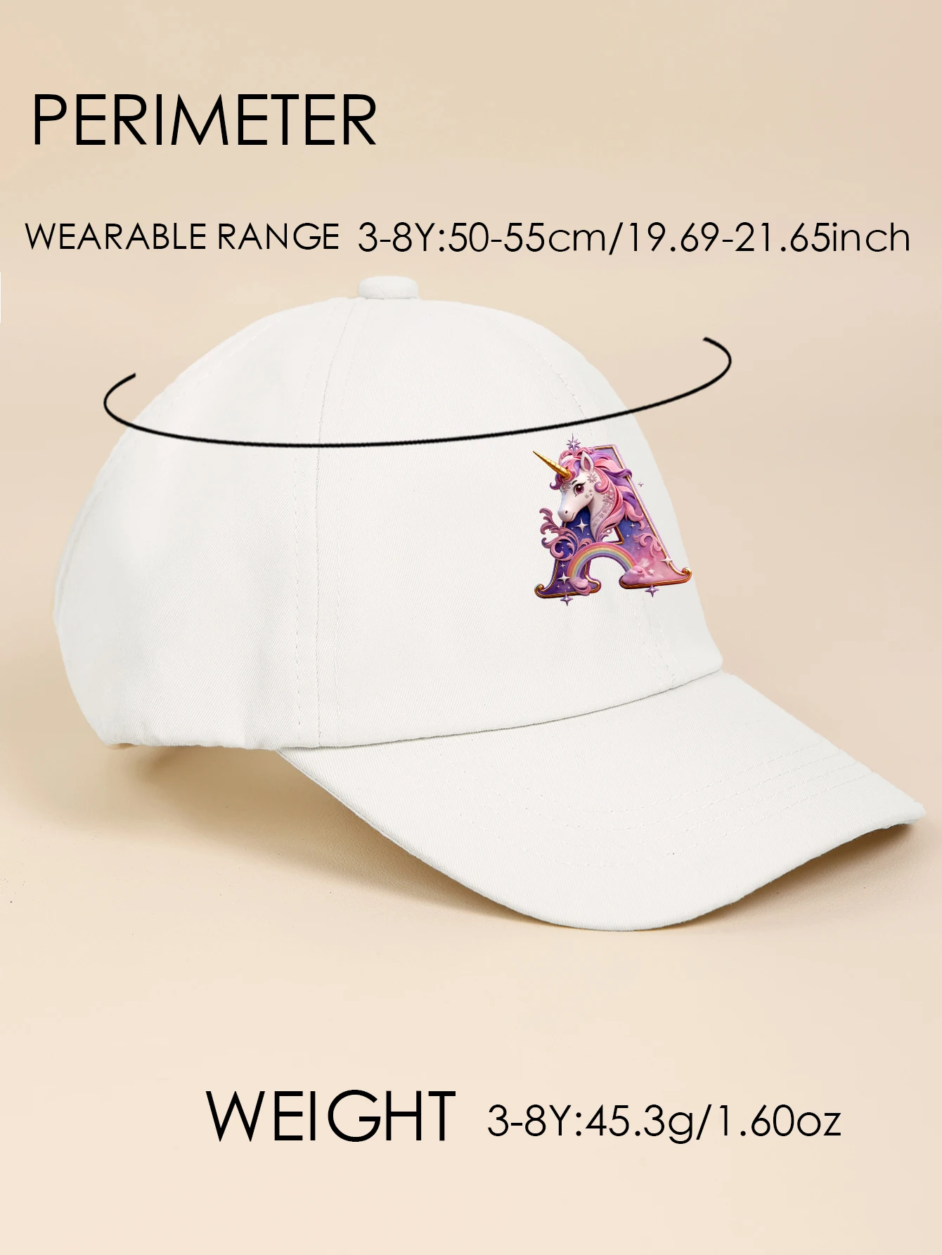 1pc white baby hat  Adjustable Youngsters' Baseball Cap with A-Z letter Rainbow Unicorn - Breathable Sun Hat for Boys and Girls view 6