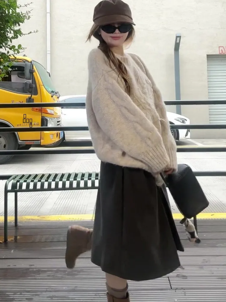 Sweter damski Ele Lazy Sle Long Sve, dzianinowy, ocieplany, luźny krój, wiązany, jesień-zima, nowość, ciepły...