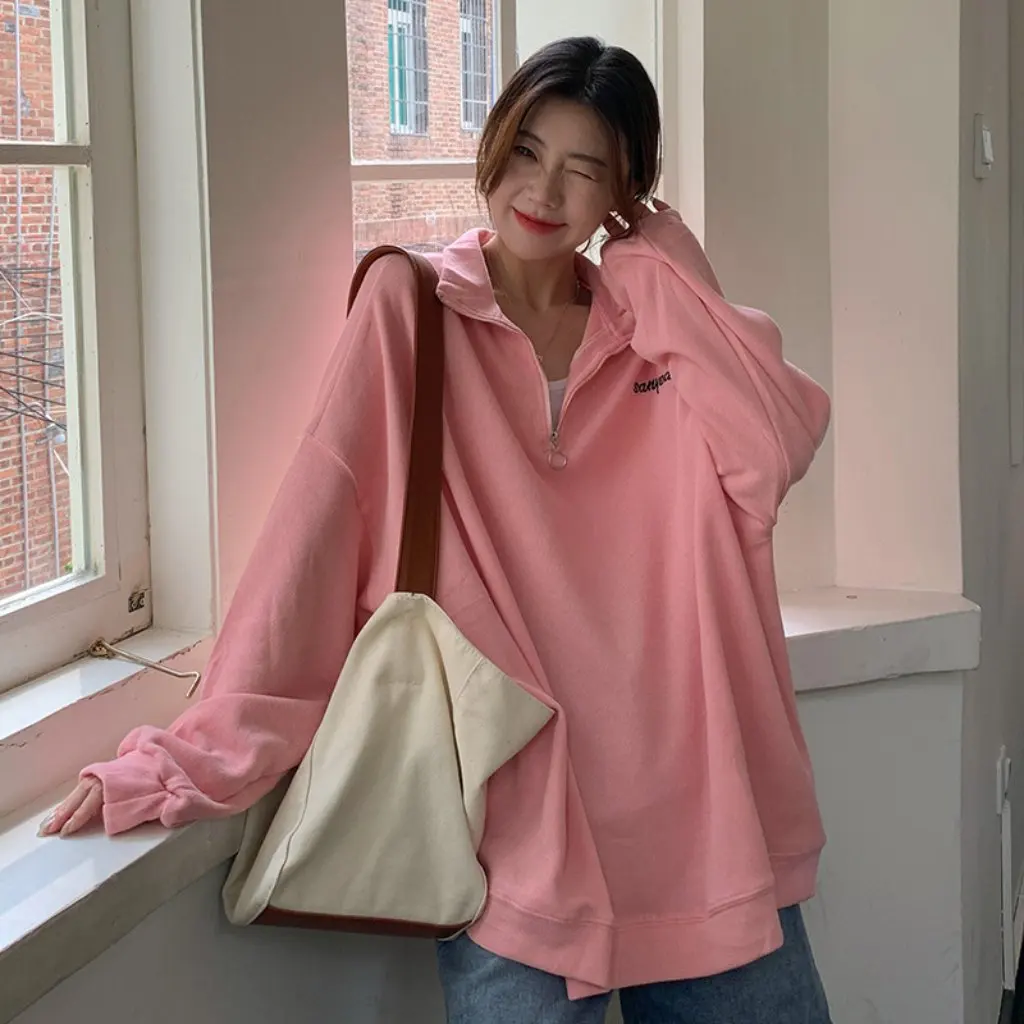 

Women's Harajuku Style Oversize Sweater Stand Collar Casual Top plus Size Hong Kong Style Bottoming Shirt Fashion for Students