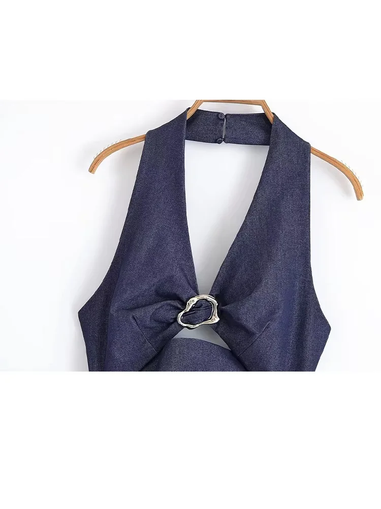 HH 2025 Abito longuette da donna con orlo diviso e cerniera posteriore senza schienale Abito estivo da donna senza maniche con design aperto e scollo all'americana