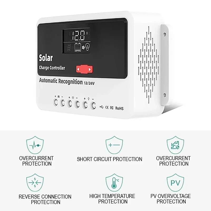 PWM Solar Controller 10A 20A 30A 50A 60A 12V 24V Auto LCD Solar Regulator with Dual USB Battery PV Cell Panel Charger Regulator
