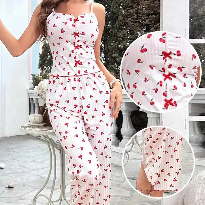 2-Piece Women's Sexy Transparent Mesh Lace Set with Ribbed Printed Strap Top and Pants Home Clothes Pajama Set image 4