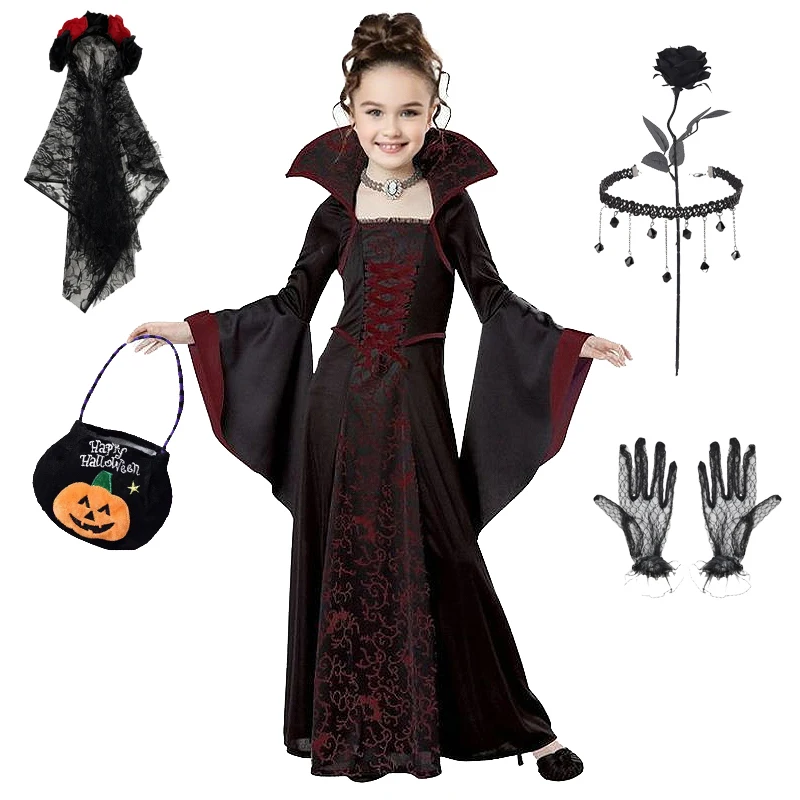 Halloween Witch Vampire Cosplay Costume for Kids Carnival Party Clothes Girls' Gothic Maxi Dresses Halloween Dress Up Dress