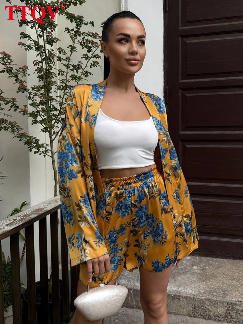 

TTQV Fashion Loose Print Home Shorts Sets Woman 2 Pieces 2026 Elegant Long Sleeve Robes With High Waist Shorts Set Female